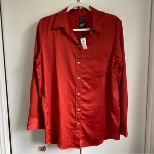 Satin Boyfriend Button Down Shirt Preppy Orange M Workwear Business Casual